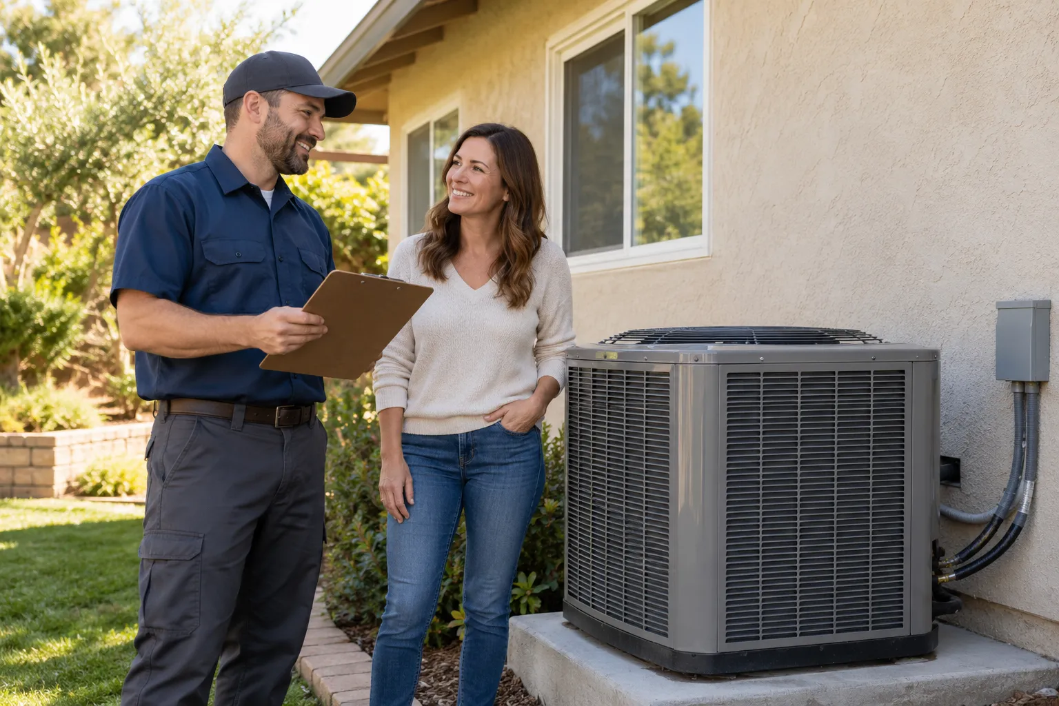 Friendly provider showing a homeowner a new outdoor AC unit beside a stucco ranch home in Glendale