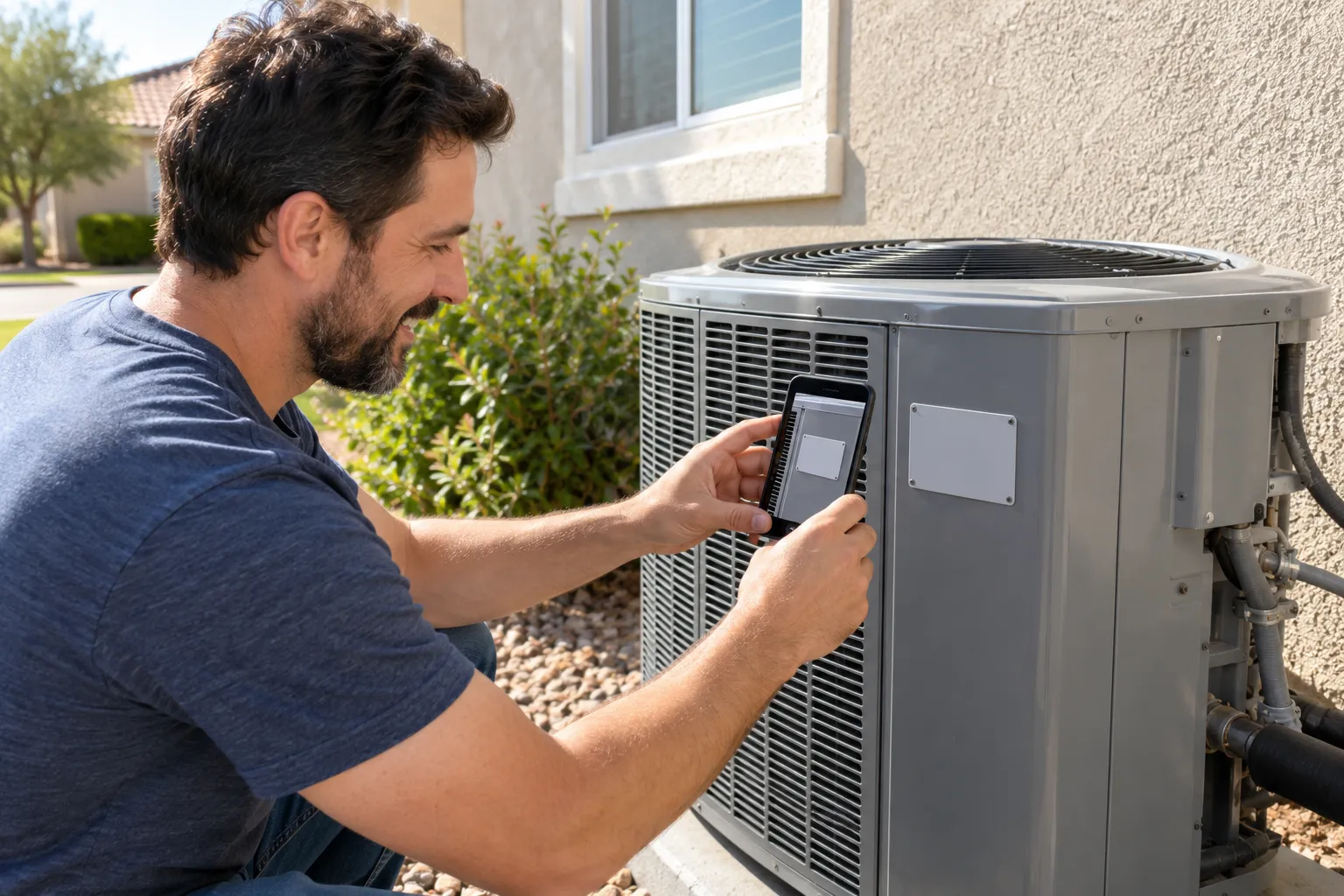 Homeowner taking a photo of an outdoor AC unit in the Glendale area